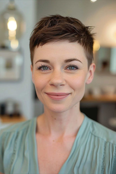 Woman with a low-maintenance textured pixie haircut looking stylish and carefree. Pixie For Fine Hair Over 40, Pixie Cut Big Forehead, Pixie No Bangs, Women’s Pixie Haircut, Super Short Pixie Hair, Pixie Haircut Wavy Hair, Soft Pixie Haircut Fine Hair, Pixie Cut Fine Hair, Very Short Curly Hair Pixie