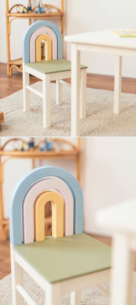 This pastel-colored rainbow children’s chair can fit into any space due to its simple and timeless design. Its design supports a child’s playfulness, curiosity and creativity. Kindergarten Furniture Design, Kids Chair Design, Rainbow Chair, Pastel Chair, Wall Clock Craft, Child Furniture, Rainbow Chairs, Kid Chair, Wooden Pet Bed