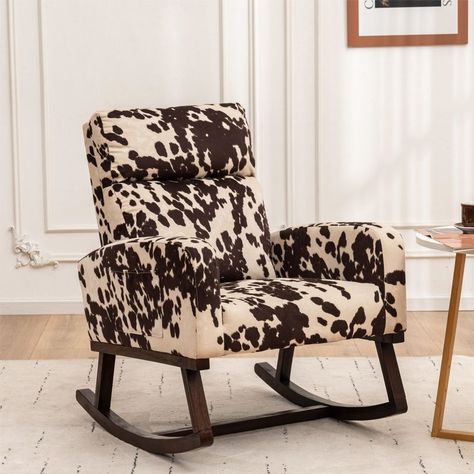 People sit on it naturally and lean back up to 110°. When rocking, the angle range is 80°~130°. Rocking Chair For Nursery, Western Baby Nurseries, Cow Print Chair, Comfy Rocking Chair, Chair For Nursery, Nursery Seating, Country Nursery, Chair Nursery, Cowboy Nursery