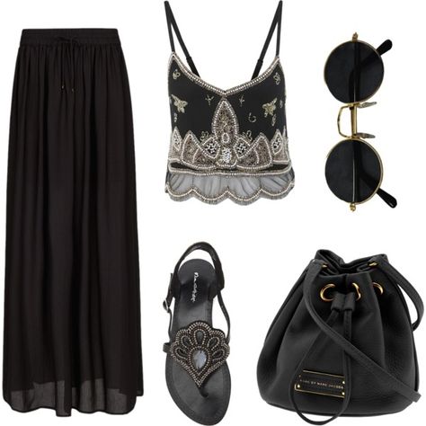 A fashion look from May 2013 featuring Miss Selfridge tops, MANGO skirts and Miss Selfridge sandals. Browse and shop related looks. Svarta Outfits, Witch Outfits, Boho Fashion Spring, Look Hippie Chic, Golden Week, Boho Mode, Bohemia Style, Estilo Hippie, Stil Boho