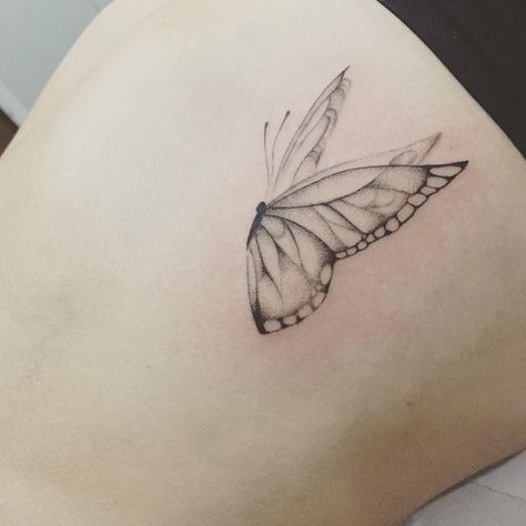 Butterfly Shading Tattoo, Butterfly Shaded Tattoo, Landed Butterfly Tattoo, Light Grey Tattoos For Women, Delicate Butterfly Tattoo Designs, Lightly Shaded Tattoos, Folded Butterfly Tattoo, Light Butterfly Tattoo, Light Shaded Tattoo