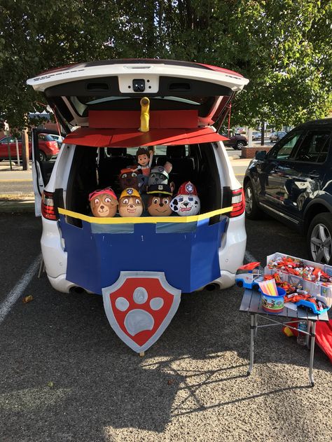 Paw Patrol trunk or treat! Paw Patrol Wagon Halloween, Paw Patrol Halloween Decorations, Dog Themed Trunk Or Treat Ideas, Trunk Or Treat Ideas Paw Patrol, Preschool Trunk Or Treat Ideas For Cars, Paw Patrol Trunk Or Treat Ideas For Cars, Trunk Or Treat Paw Patrol, Trunk Or Treat Ideas For Cars Preschool, Kids Trunk Or Treat Ideas