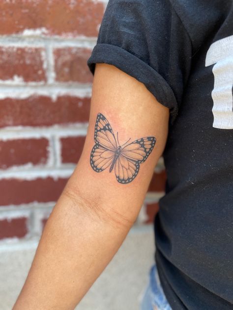 Tattoo Ideas Butterfly Arm Sleeve, Women’s Butterfly Tattoo, Butterfly Tattoo No Shading, Butterfly Tattoo Meaningful, Butterfly Tattoo Designs For Women Arm, Butterfly On Back Of Arm, Butterfly Tattoo On Bicep, Butterfly Back Of Arm Tattoo, Butterfly On Arm Tattoo