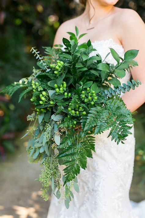 Gorgeous "All Green" Cascading Wedding Bouquet Showcasing: Leather Leaf Fern, Seeded Eucalyptus, Baby Blue Eucalyptus, Additional Greenery and Foliage + Hypericum Berries Fern Bouquet, Leaf Bouquet, Bouquet Pastel, Foliage Bouquet, Holding A Bouquet Of Flowers, Modern Wedding Bouquets, Fern Wedding, Greenery Wedding Bouquet, Green Wedding Bouquet