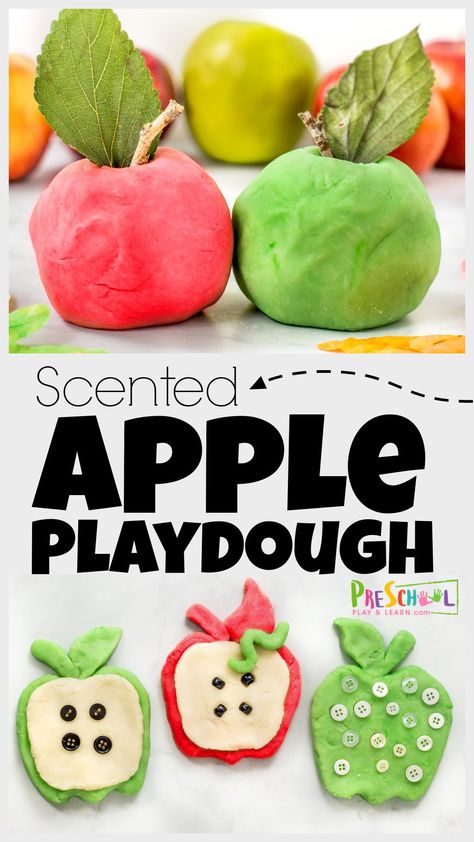 Young kids not only love playing with play dough, but it is great for strengthening hand muscles, sensory activity, and exploring creativity too. This apple playdough is a quick and easy-to-make autumn playdough to enjoy in September. Use this fall playdough recipe with toddler, preschool, pre-k, kindergarten, first grade, and 2nd graders too. Whether you use this apple playdoh as part of an apple theme or hands-on apple activities - this is sure to delight the senses! Apple Scented Playdough, Preschool Apple Worksheets, Apple Playdough, Slime Activities, Scented Playdough Recipe, Apple Science Experiments, Apple Science, Scented Playdough, Taffy Apple