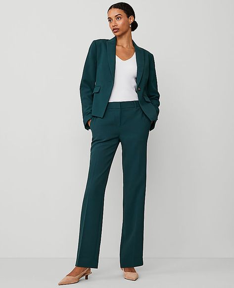 Shop Ann Taylor for effortless style and everyday elegance. Our Straight Pant in Fluid Crepe is the perfect piece to add to your closet. Front zip with double hook-and-bar closure. Belt loops. Front off-seam pockets. Back besom pockets.,Leg Shape:Straight – a leg-skimming shape with tailored, timeless versatility,Rise:Mid rise: sits 2 1/4" below natural waist,Imported:Imported,Fit:Tailored & fitted,Length:Full length: 31" inseam with 16 3/4" leg opening,Fabrication:95% Polyester, 5% Spandex,Garm Ann Taylor Work Outfits, Ann Taylor Outfits, Green Suit Women, Professional Work Clothes, Kelly Green Pants, Ann Taylor Outfit, Petite Suits, Slate Green, Professional Work Outfit