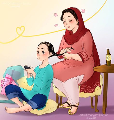 Mother And Daughter Drawing, Mother Daughter Art, Childhood Memories Art, Love Cartoon Couple, Anime Muslim, Girly Drawings, Cute Cartoon Pictures, Girly Art Illustrations