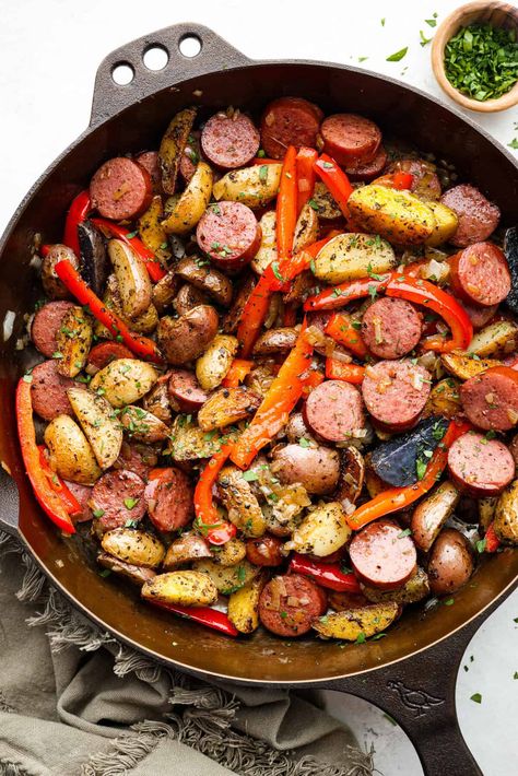 Sausage and Potato Skillet Italian Sausage With Peppers And Onions And Potatoes, Sausage Potato Vegetable Sheet Pan, Smoked Sausage Peppers Potatoes, Sausage Skillet Meals, Chicken Sausage And Potatoes Recipes, Sausage Pan Sheet Dinner, Kelbosia Sausage Recipe, Andouille Sausage And Potatoes, Potatoes And Sausage Skillet