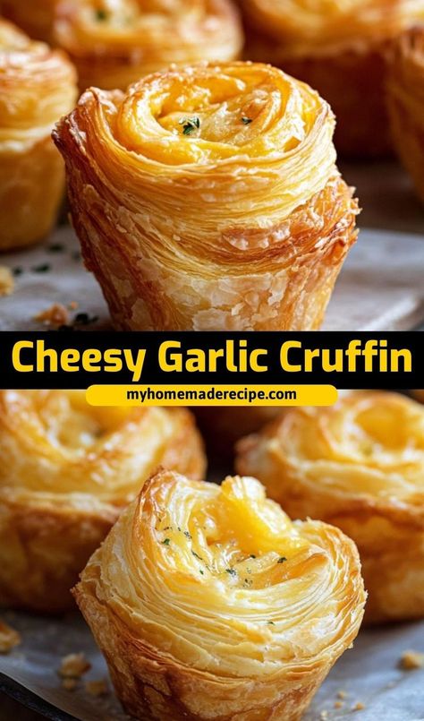 This cheesy garlic cruffin is the best cruffin for a savory, buttery treat. Filled with garlic and melted cheese, it’s the ultimate cruffin for a unique snack or side dish Cheesy Garlic Cruffin Recipe, Unique Dishes Food, Cheesy Garlic Cruffin, Garlic Cruffins, Cruffin Recipe, Cheese Garlic Bread, Unique Side Dishes, Unique Dinner Recipes, Unique Snacks