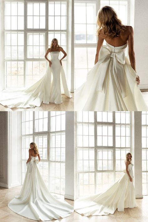 A royal wedding gown with a fabulous train. A sheath dress is made of glossy fabric. The silhouette accentuates the figure of the bride. A strapless bodice is decorated with a falbala that highlights a decollete. Extra-low bodice bares a bride’s back. A fantastic additional skirt is embellished with a big bow and passes into a long train and. Strapless Satin Wedding Dress A Line, Satin Dress With Train, Ball Gown Wedding Dress With Bow On Back, Veil Strapless Dress, Long Train Wedding Dresses, Elegant Big Wedding Dress, Wedding Dresses With A Bow In The Back, Strapless Sleek Wedding Dress, Chic Mermaid Wedding Dress