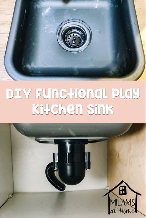 Upgrade your play sink with a few simple tools and $15 dollars in RV parts! Ikea Montessori Kitchen, Functional Play Kitchen, Ikea Montessori, Functional Play, Kitchen Sink Diy, Diy Kids Kitchen, Ikea Play Kitchen, Toddler Kitchen, Pretend Kitchen