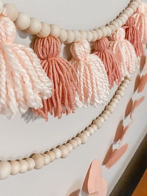 Valentines Diy Garland, Yarn Heart Garland, Whimsical Valentines Decor, Valentine Tassels, Valentine’s Decorations For Home, Valentines Day Garland Diy, Diy Valentine Garland, Valentine’s Day Garland, Minimal Valentines Day Decor