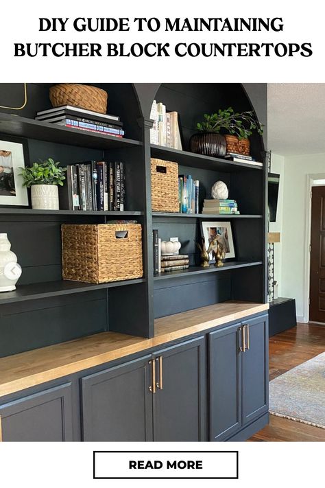 Bookshelf with butcher block countertops and decorative items, including baskets and books. Granite And Butcher Block Countertops, Installing Butcher Block Countertops, Install Butcher Block Countertops, Diy Butcher Block Counter, Butcher Block Shelves, Butcher Block Countertops Kitchen, Diy Butcher Block, Block Countertops, Ikea Play Kitchen