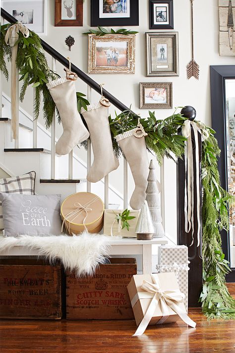 Botanical Staircase Garlands | Centsational Style Staircase Decor Ideas, Christmas Staircase Decor, Fashion Christmas Tree, Farmhouse Christmas Decor Ideas, Burlap Tree Skirt, Burlap Trees, Christmas Staircase, Neutral Christmas Decor, Staircase Decor