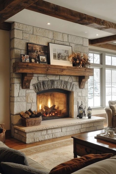 Stone Fireplace Aesthetic, Exposed Stone Fireplace, Faux Rock Fireplace Stone Veneer, Large Stone Fireplace Living Room, Living Room With Central Fireplace, Farmhouse Fireplace Ideas Rustic Stone, Brick And Stone Fireplace Combinations, Open Fireplace Ideas Rustic, Elegant Stone Fireplaces