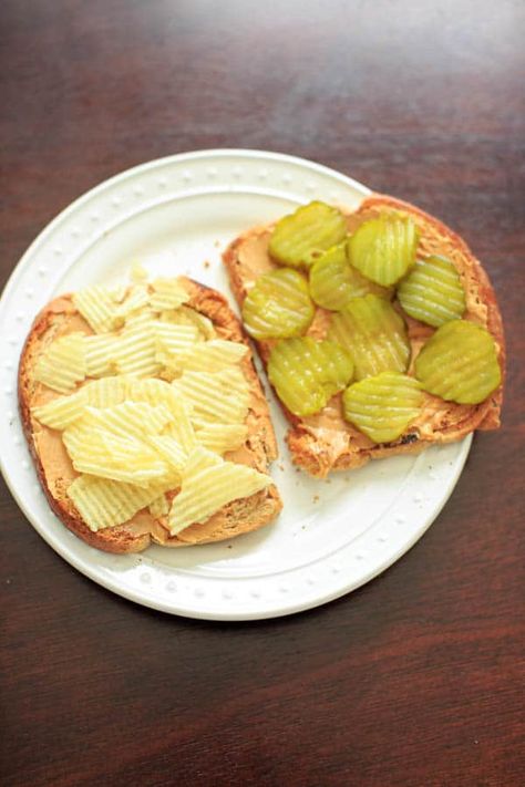 Peanut butter, pickles and potato chips sandwich. A combination that is weirdly delicious and addicting. Wierd Food Combinations, Chips Sandwich, Weird Cravings, Weird Snacks, Food Combos, Lucky Food, Butter Pickles, Butter Sandwich, Food Combinations