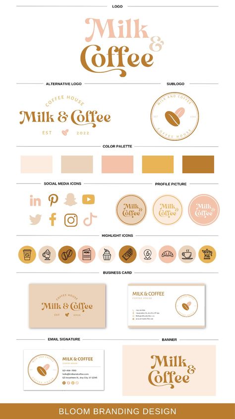 Milk & Coffee Logo - modern logo Brand Kit Examples, Branding Package Template, Business Branding Template, Patisserie Branding Visual Identity, Brand Package Template, Brand Identity Kit Template, Brand Identity System Design, Brand Sheet Style Guides, Canva Brand Kit Colors