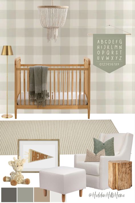 Nursery decor mood board with green and cream tones! Green White And Wood Nursery, Green Nursery With Wallpaper, Neutral Gingham Nursery, Neutral Plaid Nursery, Olive Green And Tan Nursery, Soft Green Nursery Gender Neutral, Wood And Green Nursery, Checkered Wallpaper Nursery, Classic Neutral Nursery