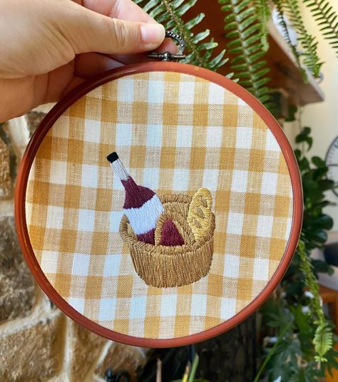 Meg on Instagram: “Can I say, why is linen gingham fabric so expensive like whatttttt 😂😂 anyway, here is a picnic basket on a picnic-looking fabric 🧺” Embroidery On Gingham Fabric, Picnic Embroidery, Food Embroidery, Picnic Items, Bunny Embroidery, Textiles Projects, Summer Sewing, Dorm Bedroom, Picnic Rug