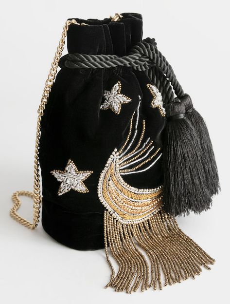 & Other Stories Moon Bag – Embroidered Crossbody Velvet Pouch... Embroidered Moon, Costura Diy, Potli Bags, Gold Bag, Ropa Diy, Platform Sandals Heels, Embroidered Bag, Velvet Bag, Beaded Bags