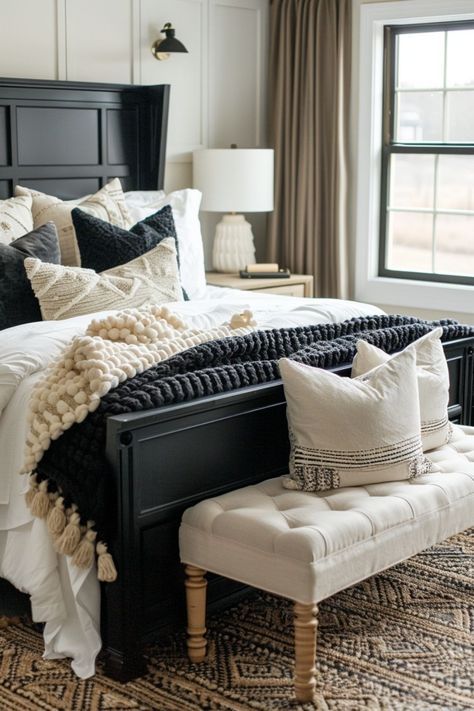 Cream Bedding With Black Accents, Mocha And White Bedroom, Big Headboard Bedroom Ideas, Tan And Black Room Ideas Bedrooms, Black And White King Bedding, Black Accent Furniture Bedroom, Black And Tan House Decor, Tan Black Bedroom Room Ideas, Black Gray And Tan Bedroom