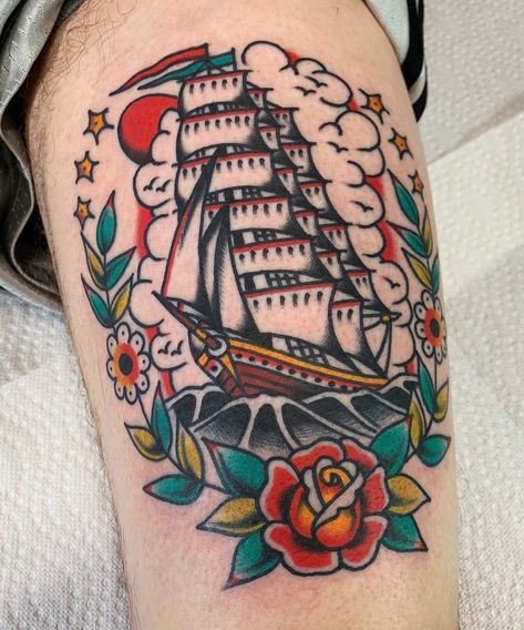 Clipper Ship Tattoo, Traditional Ship Tattoo, Scenery Tattoo, Americana Tattoo, Street Tattoo, Clipper Ship, Nautical Tattoo, Disney Tattoo, Ship Tattoo