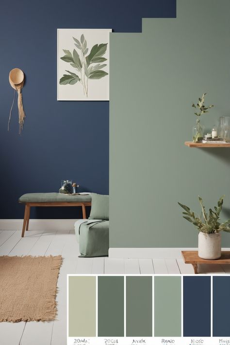 Green Blue House Decor, Paint Ideas For House Interior Design, Navy Blue Green Bedroom, Navy Blue And Olive Green Bedroom, Blue And Green House Decor, Blue Green Wood Living Room, Home Interior Design Green, Colours With Sage Green, Sage Green Navy Bedroom