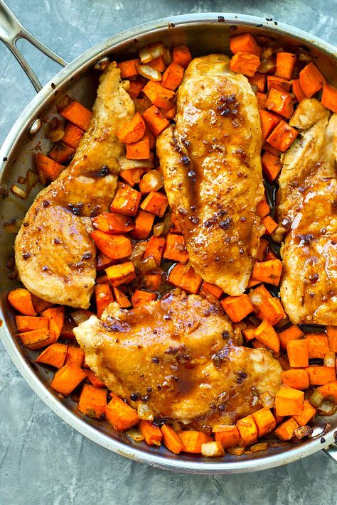 Sauteed Sweet Potatoes, Maple Glazed Chicken, Chicken Main Dish Recipes, Maple Chicken, Potato Hash, Chicken Sweet Potato, Sweet Potato Hash, Glazed Chicken, Maple Glaze