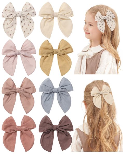 PRICES MAY VARY. ✿【PACK OF 8】：Our baby hair bows clips comes in 8 different colors to complement any little girl's everyday outfit. Toddler bows are designed and handcrafted by using organic cotton and linen combination fabric to provide the softest feel for babies. ✿【BABY BOW SIZE】：4.5” bow with unique edging design, made of soft high quality cotton and stainless steel non-slip alligator clips to hold the hair in place. These baby girl hair bows are suitable for hairstyles like ponytails, Buns, Toddler Girl Accessories, Girls Hair Clips, Bows For Girls, Toddler Hair Bows, Toddler Accessories, Toddler Bows