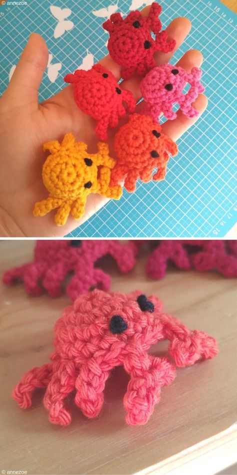 Small Sea Creatures Amigurumi. Sadly crabs aren't the most cuddly animals on planet, however, you can easily make these cuties with some leftover yarn and enjoy your new, little friends. All you need to do is to follow the instructions and have a little bit of patience.  #freecrochetpattern #sea #amigurumi Small Sea Creatures, Crochet Fish Patterns, Crochet Sea Creatures, Aesthetic Patterns, Crocheted Animals, Crochet Fish, Crochet Keychain Pattern, Crochet Animals Free Patterns, Crochet Amigurumi Free