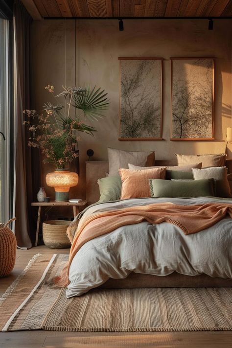 19 Best Earthy Modern Bedroom Ideas for a Cozy Retreat 35 Modern Luxury Bedding, Bedroom Nature Decor, Tonal Bedroom Ideas, Earthy Color Bedroom Ideas, Natural Boho Bedroom Ideas, Best Color Schemes For Bedroom, Earthy Green Paint Colors Bedroom, House Interior Natural Colors, Coffee Colored Bedroom