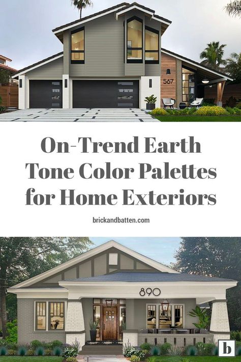 At brick&batten, we are big fans of stark contrast, modern lines, and bold colors. So, don't be confused by this post professing our love for an earth tone color palette. With their warm and cozy vibes, earth-tone home exteriors have earned a spot in our hearts alongside white-and-black and color-blocked designs. Check out this post for some of our favorite earth tone color schemes to inspire your next home exterior painting project. #exteriordesign #curbappeal #exteriorpaint #exteriorpainting Color Pallets For House Exterior, Two Tone Modern House Exterior, Natural Home Exterior Colors, Earth Tone Exterior House Colors Modern, Earth Tone Exterior House Colors Ranch, Two Tone Green Exterior House Colors, Green Black And White House Exterior, Contrast House Exterior, Contemporary Green House Exterior