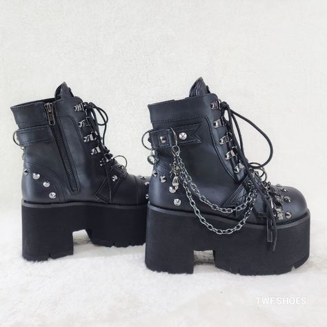 Brand New Demonia 3 1/2" (90mm) Chunky Heel, 2 1/4" (57mm) Cut-Out Platform D-Ring Lace-Up Ankle Boots Metal 'Demonia' Branded Tongue Cone Stud & D-Ring Details & Chain With Various Hanging Charms Metal Side Zip Closure Platform Demonia Boots, Punk Platform Shoes, Gothic Tennis Shoes, Demonia Creepers, Gothic Heels, Gothic Closet, Emo Boots, Chain Boots, Whimsical Shoes