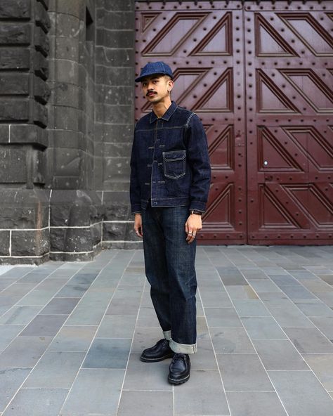 Boy Indigo in full Canadian suit —— // 👖 | Instagram Denim Chore Jacket Outfit, Canadian Suit, Indigo Outfit, Indigo Denim Jacket, Smart Pants, Denim Jacket Outfit, Indigo Denim, Streetwear Men, Jacket Outfit