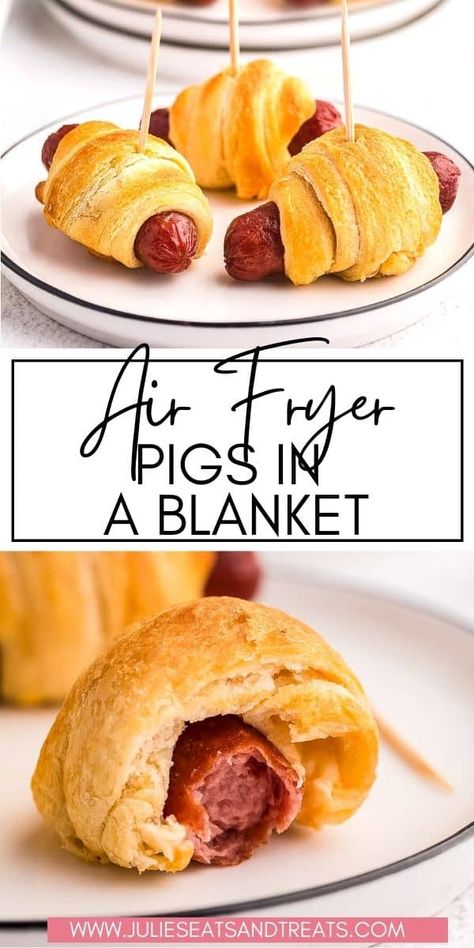 Need a quick and easy appetizer or dinner idea? Make these 2-ingredient Air Fryer Pigs in a Blanket. They are a delicious finger food that kids and adults both love. They are made with crescent rolls and Lit'l Smokies for the perfect bite size recipe. Pigs In A Blanket Recipe, Air Fried Food, Air Fryer Oven Recipes, Air Fry Recipes, Crescent Dough, Air Fryer Dinner Recipes, Quick Snack, Pigs In A Blanket, Air Fryer Recipes Easy