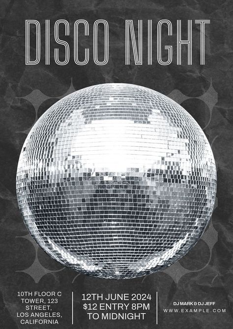 Disco night  poster template, editable text and design | premium image by rawpixel.com / George Silver Poster Design, Disco Flyer Design, Disco Poster Design, Disco Party Poster, Club Poster Design, Disco Ball Graphic, Party Disco Ball, Nye 2024, Disco Ball Poster