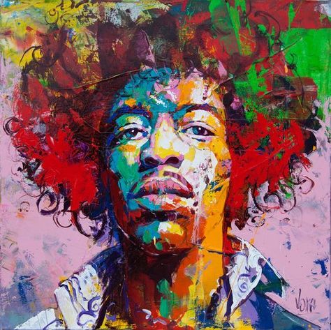 Voka Art, Spontaneous Realism, Jimi Hendrix Art, Abstract Portraits, Musician Art, Abstract Portrait Painting, Rock N Roll Art, Avengers Art, Colorful Portrait