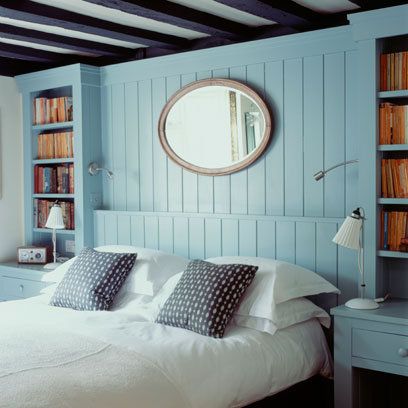 Blue Bedroom Walls, Wood Panelling, Bedroom Blue, Bedroom Wall Designs, Queen Room, Headboard Wall, Country Bedroom, Blue Wood, Blue Bedroom