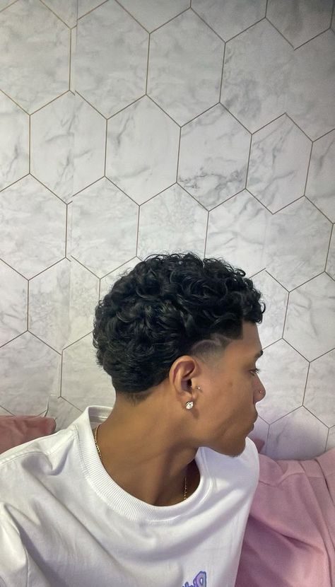 Amazing Haircut Designs for Men (Detailed Gallery) | Simple & Easy Haircut Design Ideas For Men Coupe Curly Hair, Short Curly Taper, Hair Designs For Men Lines, Mid Taper Curly Hair, Hispanic Men Haircut, Haircut For Men Short Hair, Cute Hair Designs, Short Mullet Curly Hair, Back Taper Design