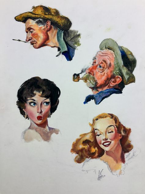 Gouache painting study of artist of the 1950s. The top two are Norman Rockwell's and the bottom two I'm not sure. Gouache Portrait Illustration, Gouache Studies, Gouache Portrait, Ghibli Characters, Human Painting, Andrew Loomis, Rockwell Paintings, Colored Pencil Portrait, Painting Study