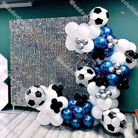 Blue Soccer Theme Birthday Party, Football Theme Balloon Decor, Soccer Birthday Backdrop, Soccer Balloons, Football Birthday Party Decorations, Birthday Balloon Wreath, Biodegradable Balloons, Soccer Banquet, Soccer Birthday Party