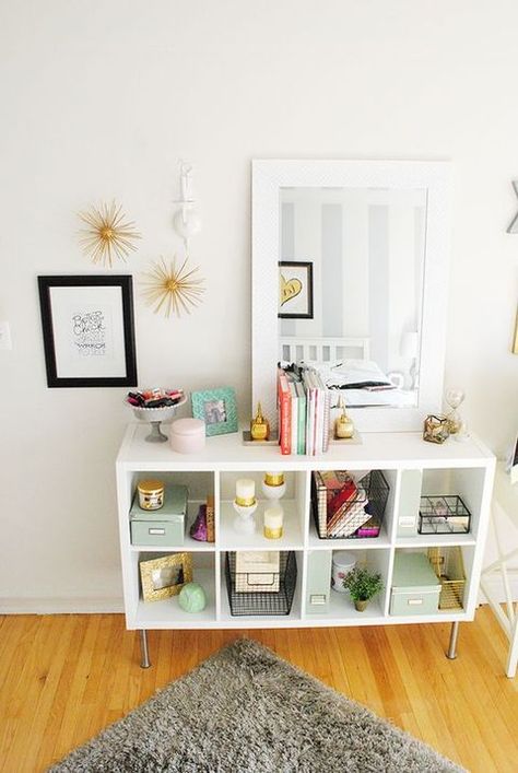 Mirror Hack, Ikea Kallax Shelf, Ikea Kallax Regal, Lauren Elizabeth, Ikea Mirror, Office Tour, Transforming Furniture, Apartment Office, Cube Shelves