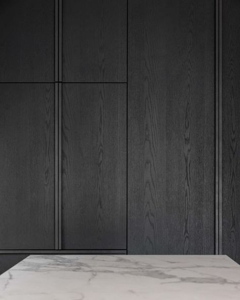 Annika Rowson on Instagram: "Heading into our next series with a fresh renovation for rad clients & starting with a peep of the beautiful veneer cabinetry featuring a custom handle detail & a glimpse of the porcelain island 🖤 @parker 📷 @michele_szczepanski @vidaspace @archantnz . . . . #rowsonkitchens #qualityoverquantity #kitchen #design #details #bespoke #oak #veneers #porcelain #custom #interiorarchitecture #decor #style #elegant #interiors #texture" Annika Rowson Kitchens, Black Tall Cabinet, Kitchen Island Detail, Oak Veneer Kitchen, Black Oak Kitchen, Black And Wood Interior, Black Wood Kitchen, Kitchen Design Details, Sharon Taylor