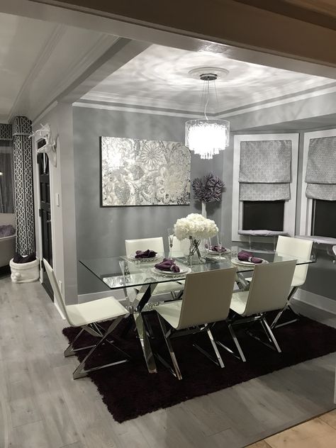 Silver Dining Room Table, Glass Dinning Room Table Rectangle, Zgallerie Dining Room, Glass Kitchen Table Ideas, Boujee Dining Room, Black And Grey Dining Room Decor, Clear Dining Table Decor, Dining Room Ideas Glass Table, Glass Dining Room Table Decor Rectangle