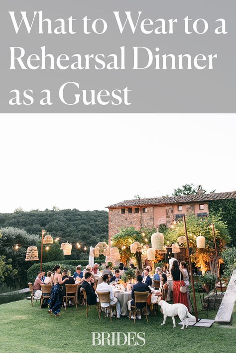 Deciding what to wear to a rehearsal dinner as a guest can be tricky. Here we explain how to navigate the attire, plus etiquette tips and insight from experts. // Photo: Lisa Poggi Garden Party Rehearsal Dinner Outfit, Rehearsal Dinner Dress For Guest Fall Classy, Reversal Dinner Outfit Guest, Smart Casual Rehearsal Dinner, Grooms Dinner Outfit Guest, Groomsmen Rehearsal Dinner Outfit, Restaurant Wedding Guest Outfit, Rehersal Dinner Bridesmaid Outfit Ideas, Rehearsal Guest Outfit