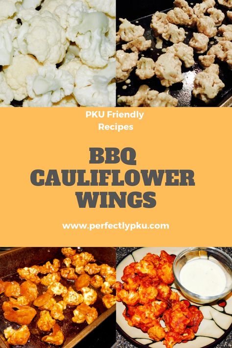 PKU and vegetarian friendly cauliflower wings, great for Sunday night football! Pku Food, Pku Recipes, Bbq Cauliflower Wings, Bbq Cauliflower, Bbq Wings, Non Dairy Creamer, Sunday Night Football, Cauliflower Wings, Cheese Lover