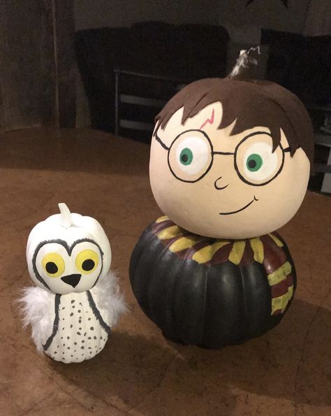 Harry Potter Storybook Pumpkins, Harry Potter Pumpkins Painting, Pumpkin Panting Ideas Scary, Harry Potter No Carve Pumpkin, Hermione Pumpkin Painting, Harry Potter Owl Pumpkin, Harry Potter Theme Pumpkin, Pumpkin Decorating Harry Potter, Pumpkin Decorating Ideas Harry Potter