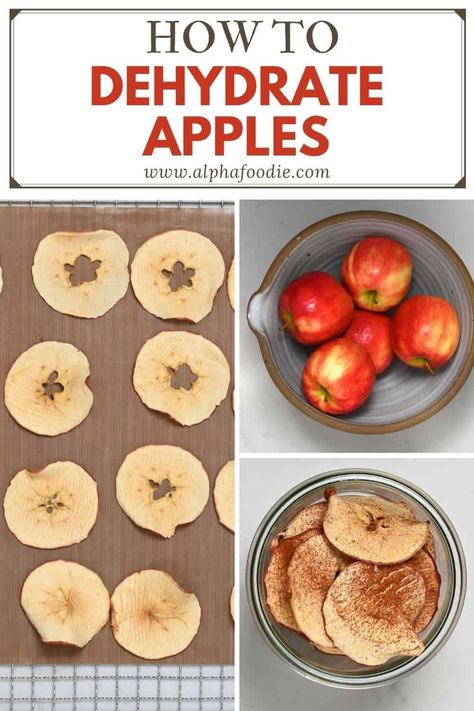 How to dehydrate apples three ways: oven-baked or dehydrator apple chips (or leathery dried apple slices in a few hours) OR air fryer apple chips (in under 15 minutes)! Dehydrated apple chips are a delicious and nutritious snack and lunchbox addition! Dehydrate Apples, Apple Chips Dehydrator, Air Fryer Apple Chips, Dried Apple Rings, Baked Apple Slices, Apple Slice Recipe, Dehydrated Apples, Simmer Pot Recipes, Apple Rings