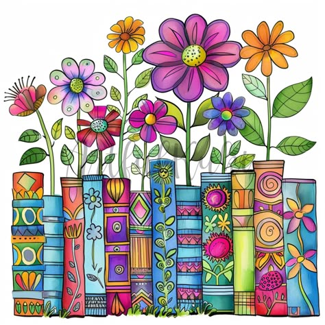 Unique Border Designs For Projects, Whimsical Journal, Book And Flowers, Book Doodle, Books And Flowers, Cute Clip Art, Rustic Books, Book Clip Art, Whimsical Art Journal