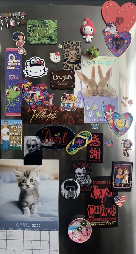 #fridge #magnets #collage #lisafrank #aesthetic Cluttered Fridge Door, Fridge Aesthetic Magnets, Fridge Magnet Aesthetic, Aesthetic Fridge Magnets, Wallpaper On Fridge, Fridge Collage, Mini Fridge Aesthetic, Decorated Fridge, Fridge Magnets Aesthetic